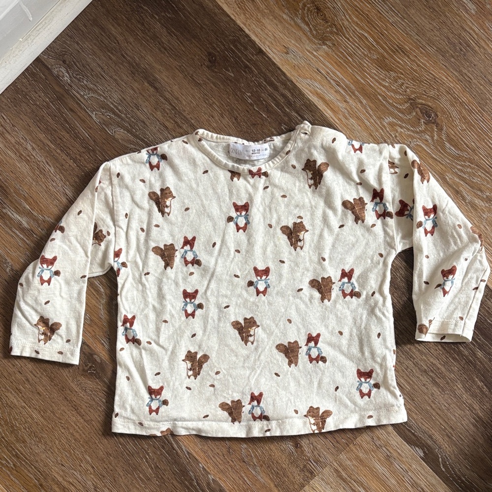 Zara Beige Fox Pattern Long Sleeve Tee